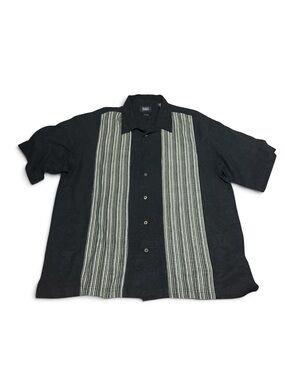 Haggar 100% Silk Black Striped Button Down Shirt Short Sleeve Textured XL